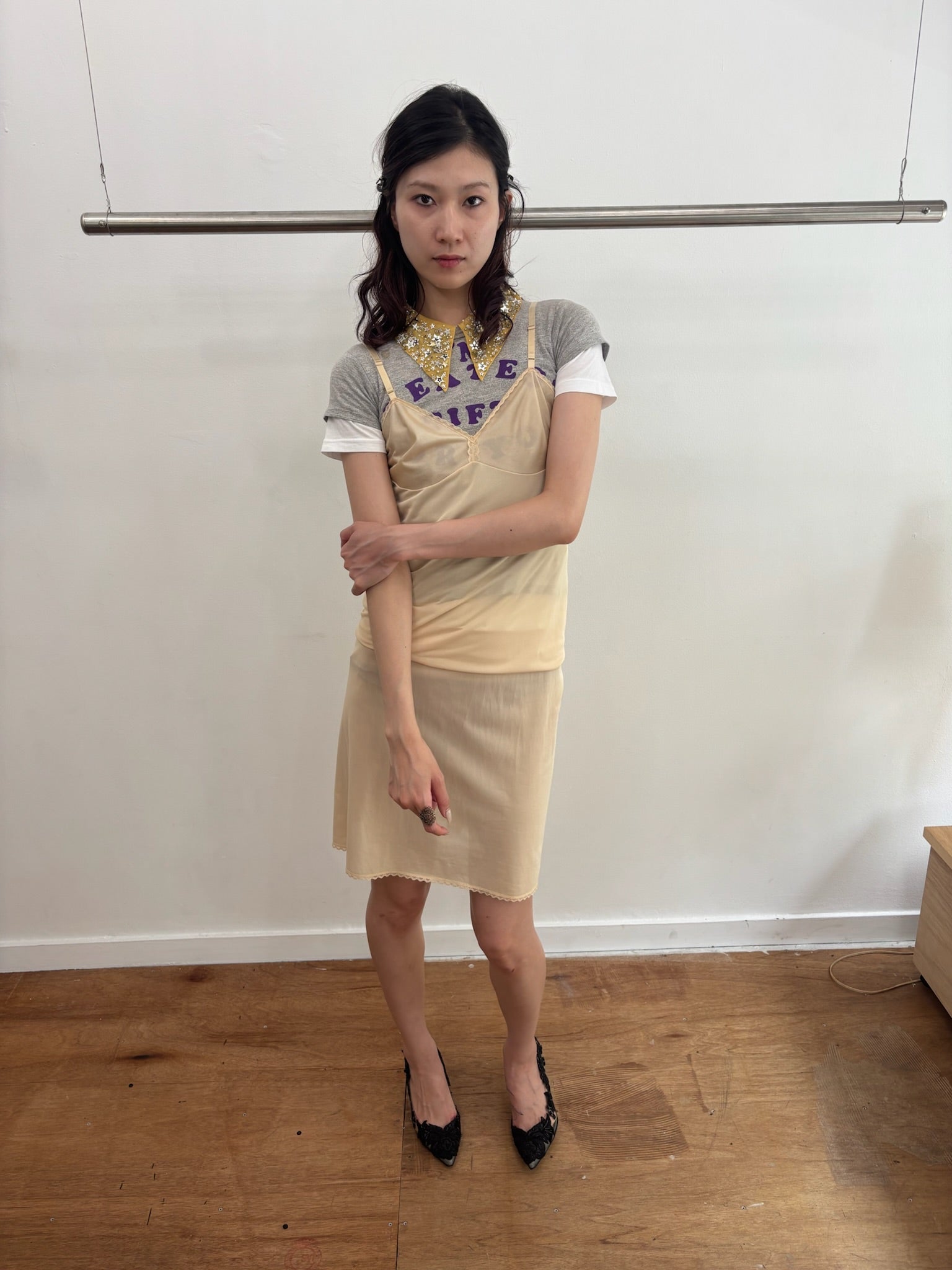 beige sheer slip dress