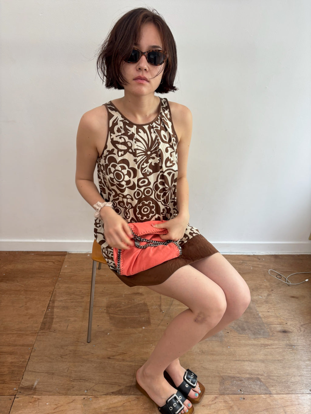 brown flower silk dress