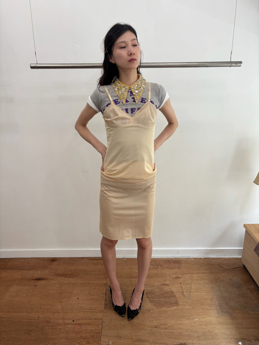 beige sheer slip dress