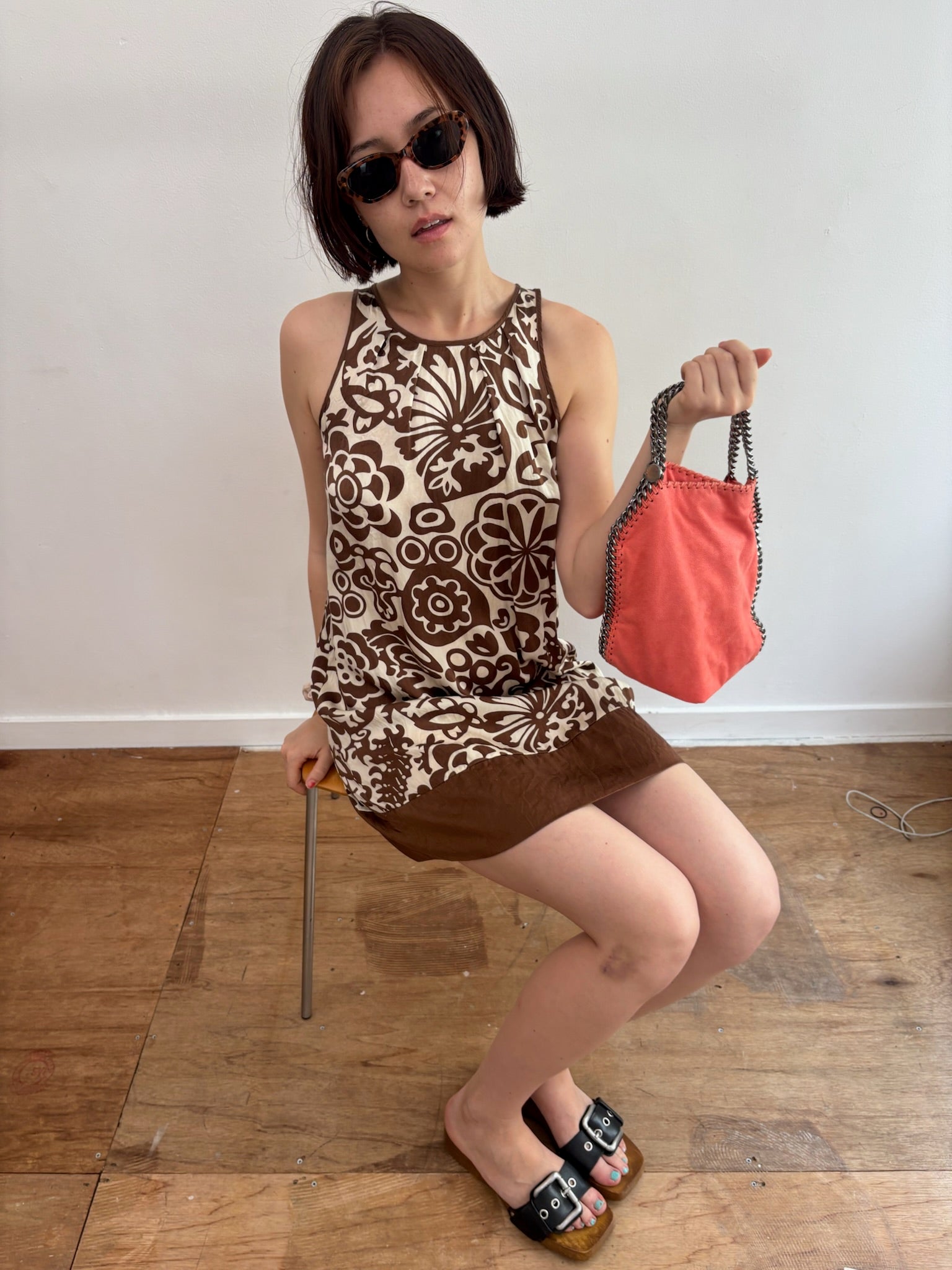 brown flower silk dress
