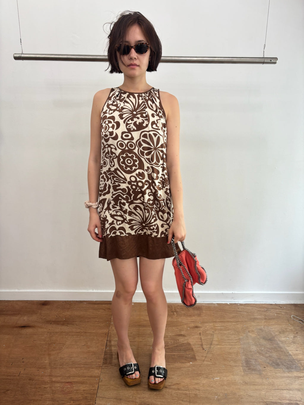 brown flower silk dress