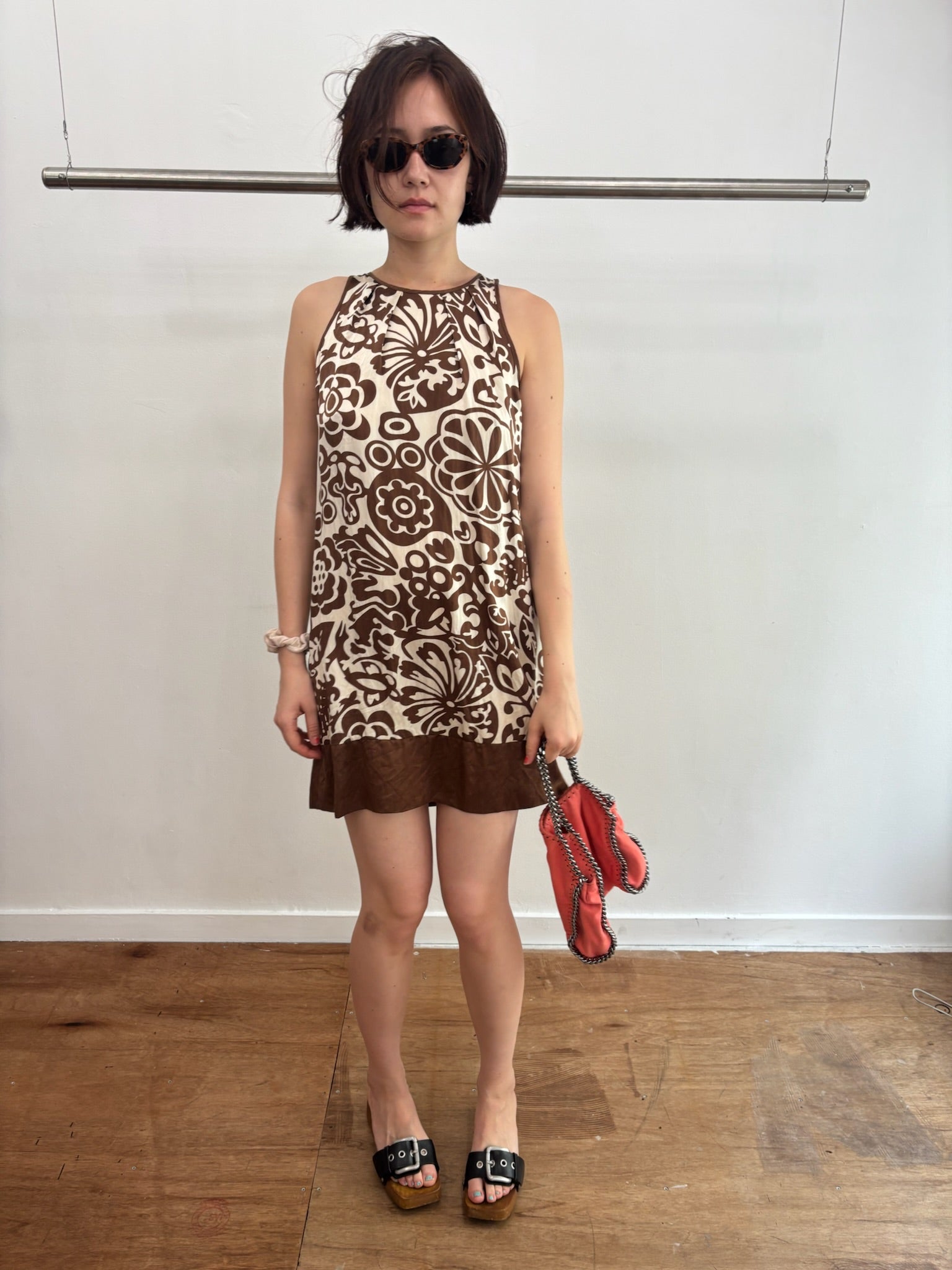 brown flower silk dress