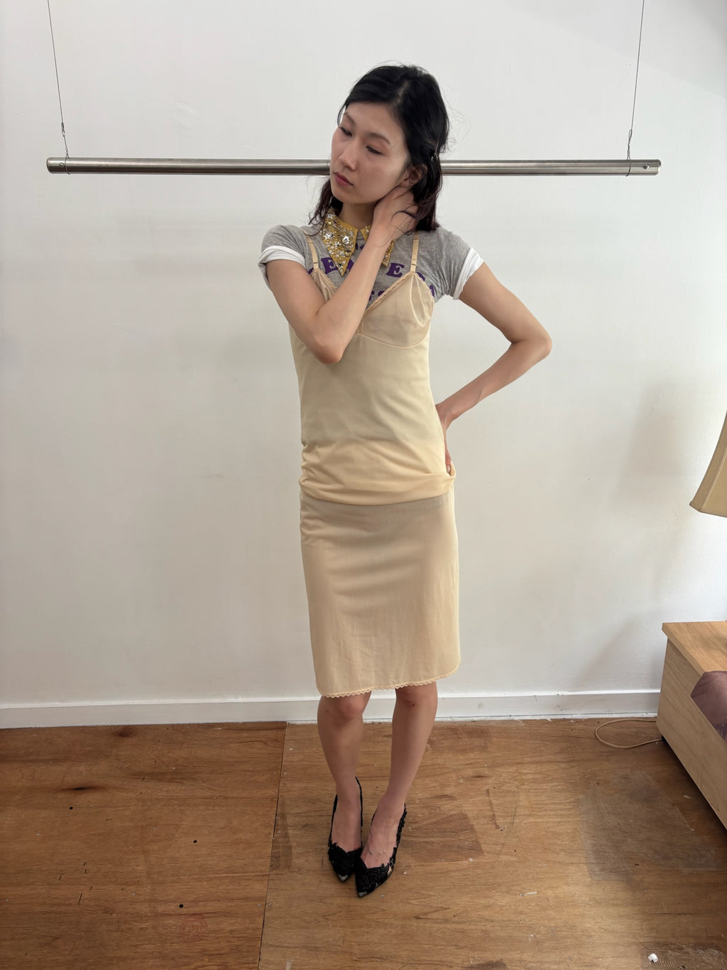 beige sheer slip dress