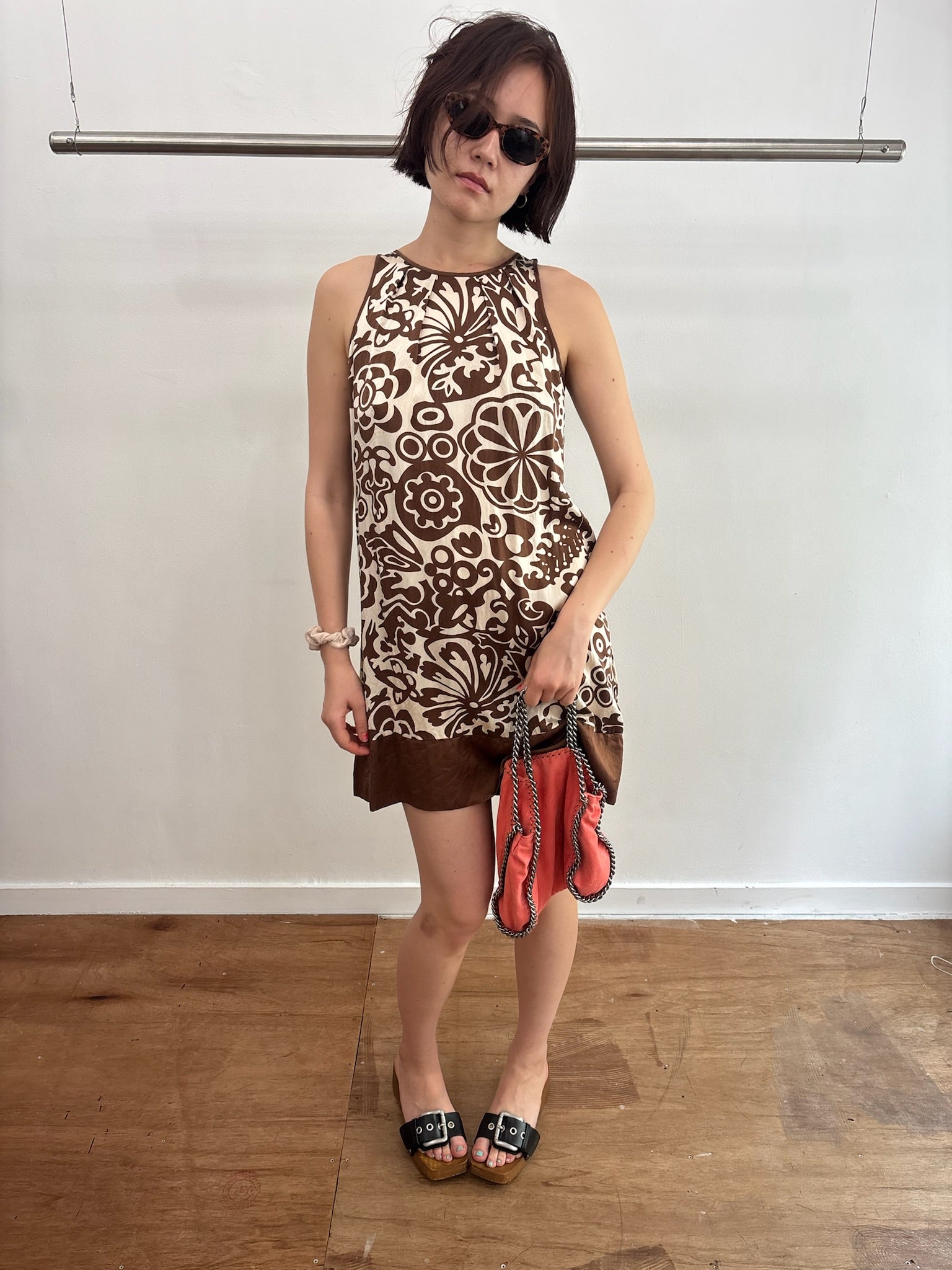 brown flower silk dress