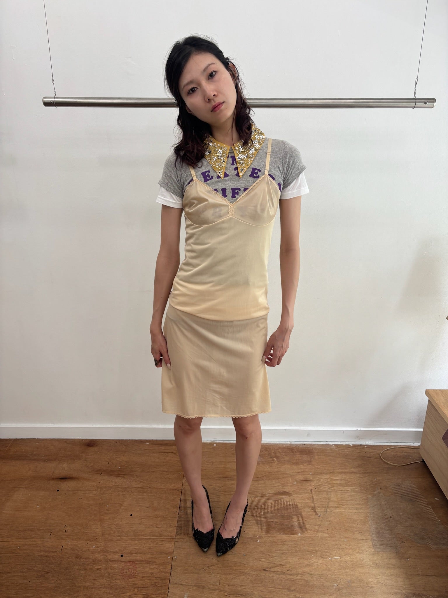 beige sheer slip dress