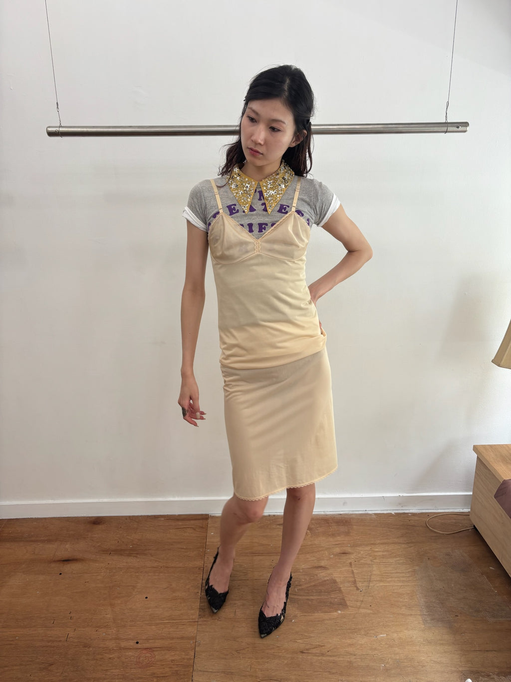 beige sheer slip dress