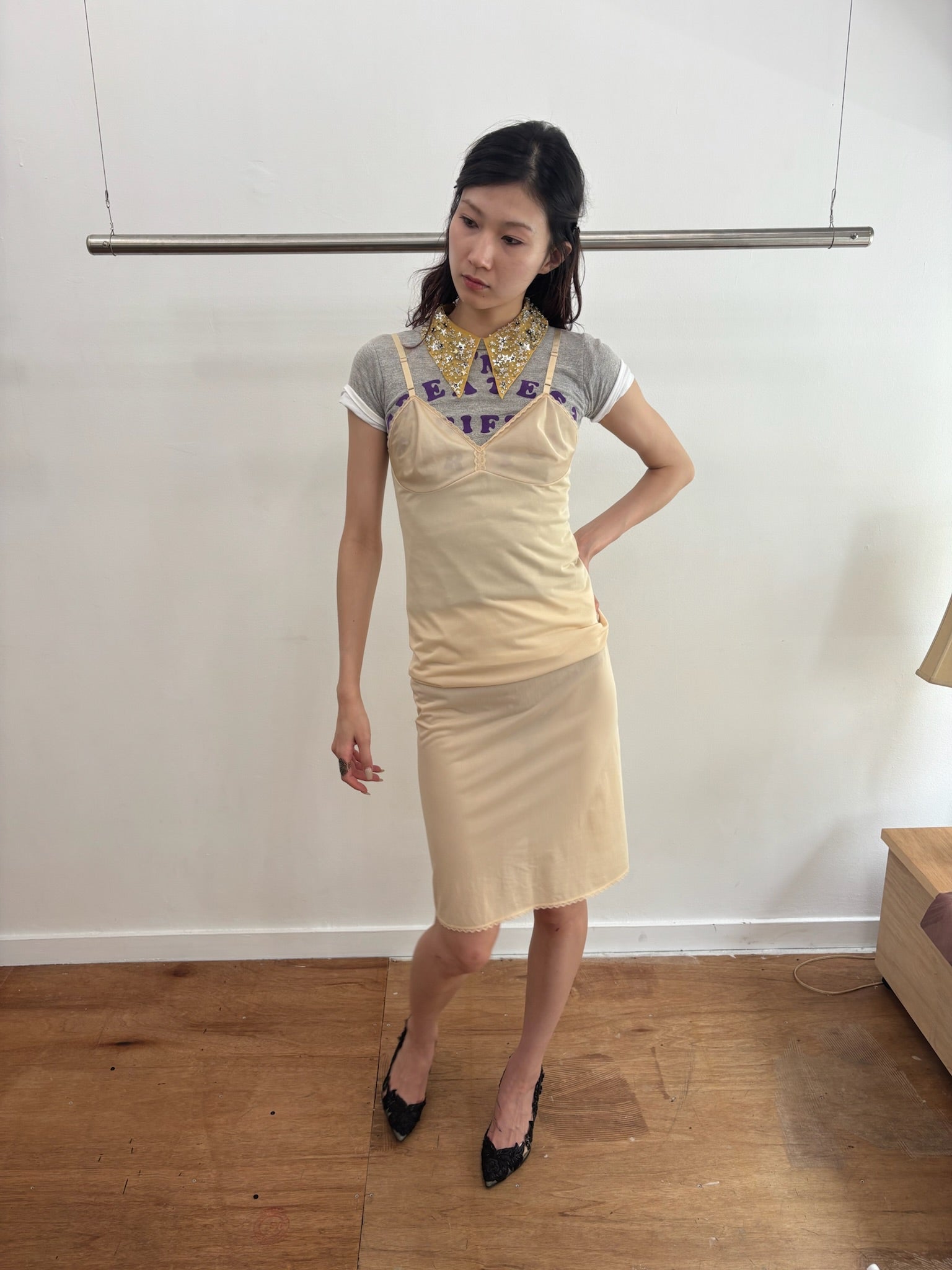 beige sheer slip dress